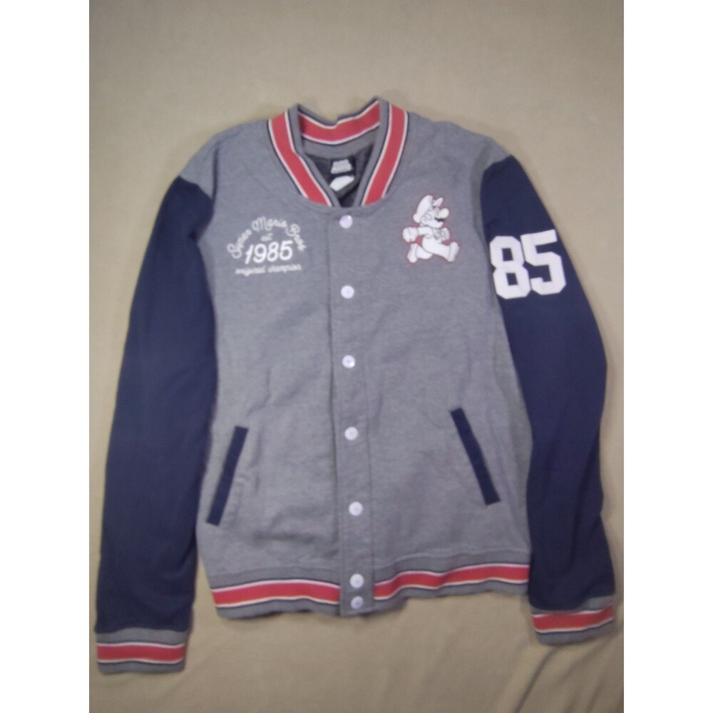 Nintendo Super Mario Bros Varsity Fleece Jacket Mens Large Gray Navy Snap Button
